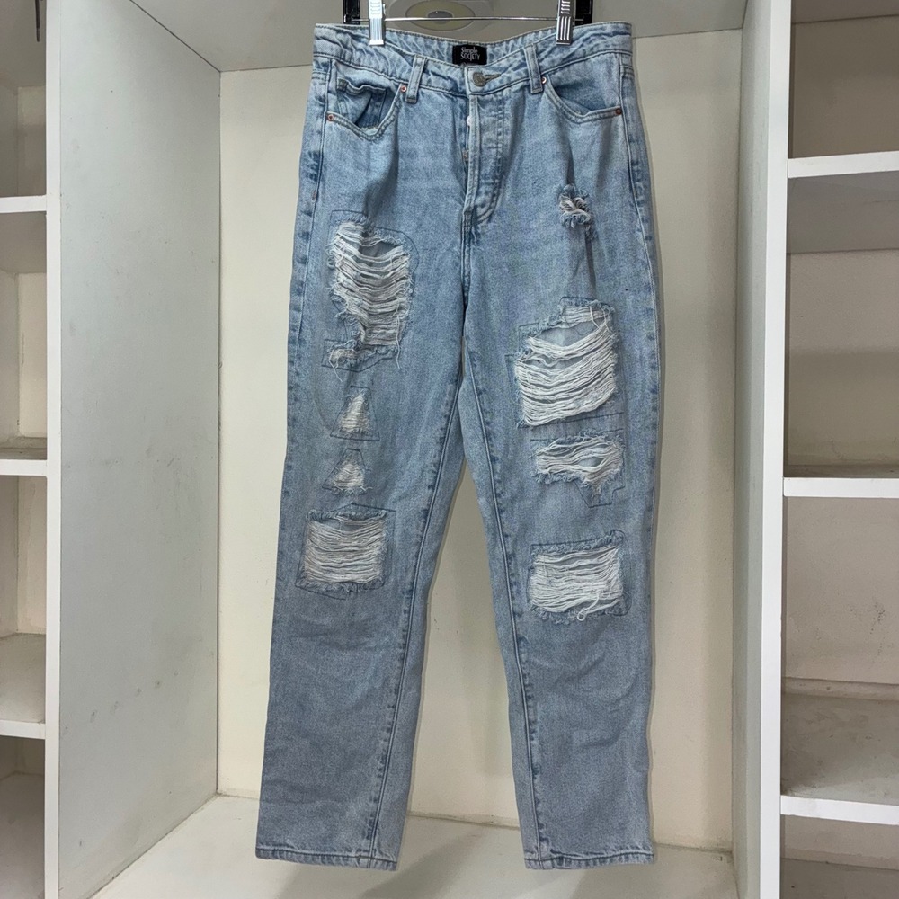 Simple‎ Society Women Light Wash Distressed Ripped Straight Leg Jeans Size 7 28